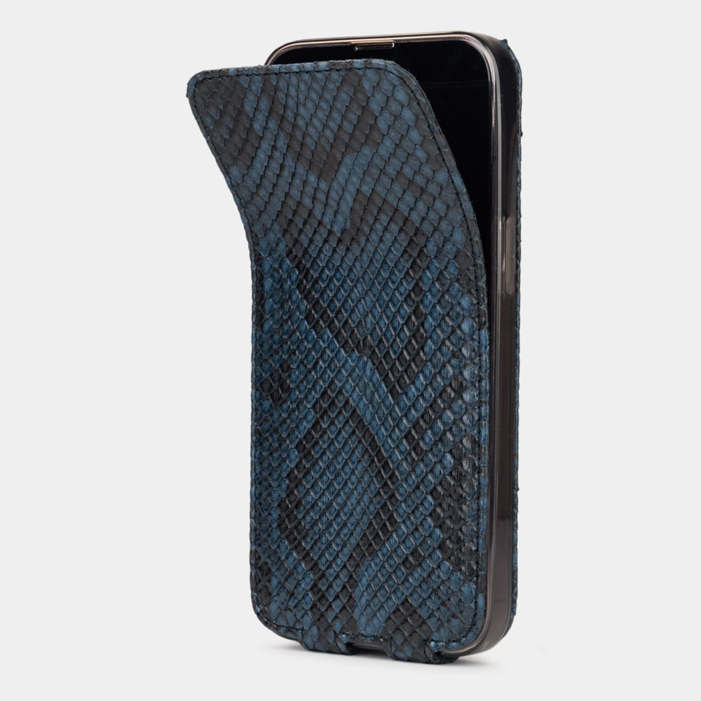 Blue python leather flip case for iPhone 15 Pro – magnetic flap opening, showing the natural scale pattern