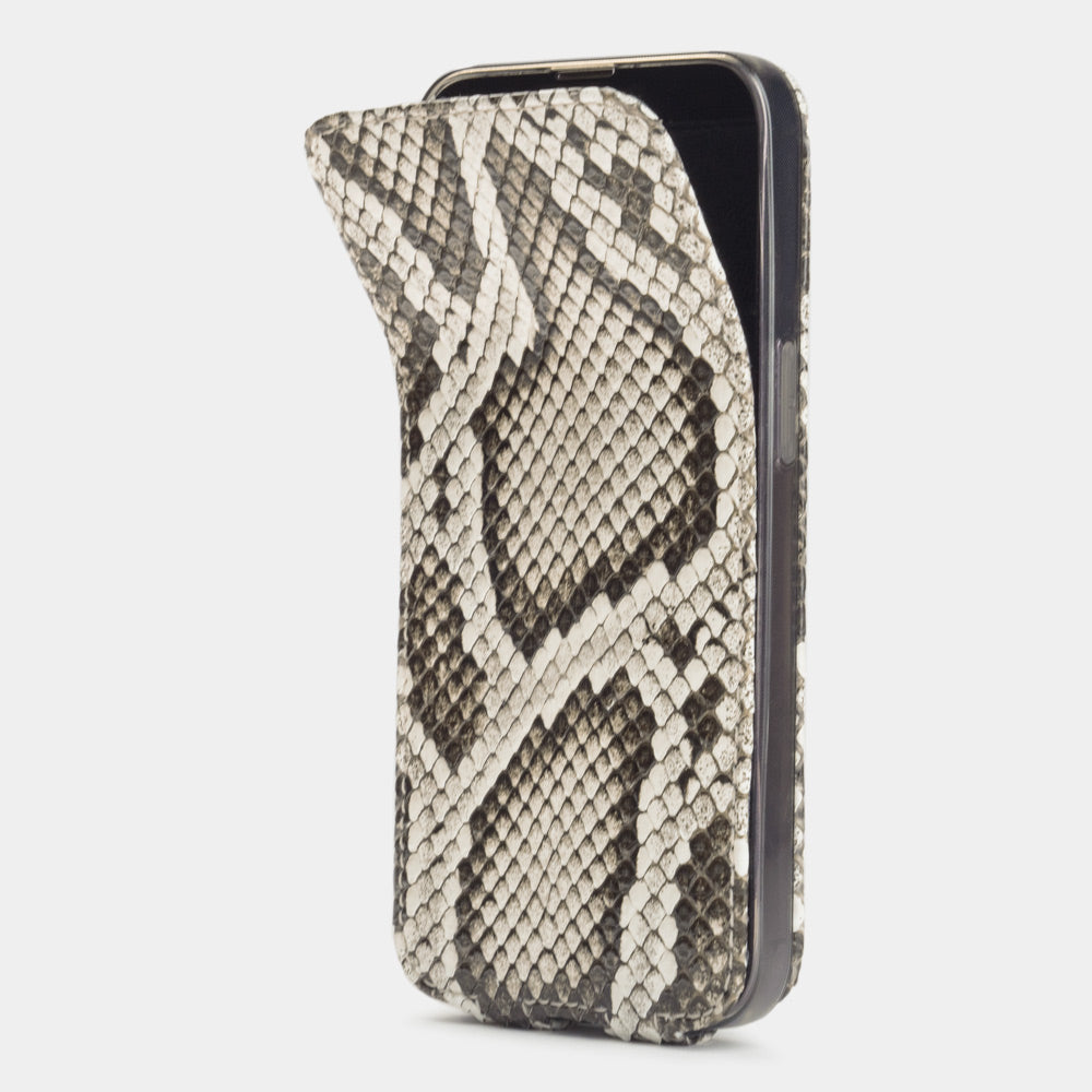 Natural python leather flip case for iPhone 15 Pro – magnetic flap opening, showing the natural scale pattern