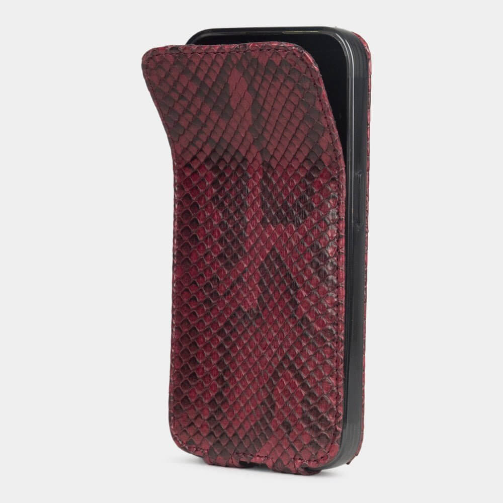 Bordeaux Python Flip Case iPhone 15 Pro Max – phone flip case with textured natural scale pattern, flexible front cover folding back to protect the smartphone screen