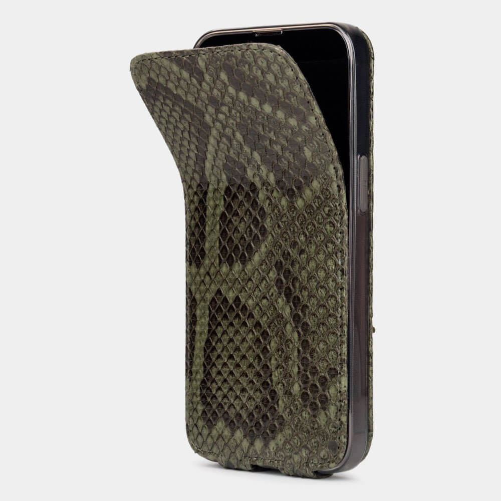 Green Python Flip Case iPhone 15 Pro Max – phone flip case with textured natural scale pattern, flexible front cover folding back to protect the smartphone screen