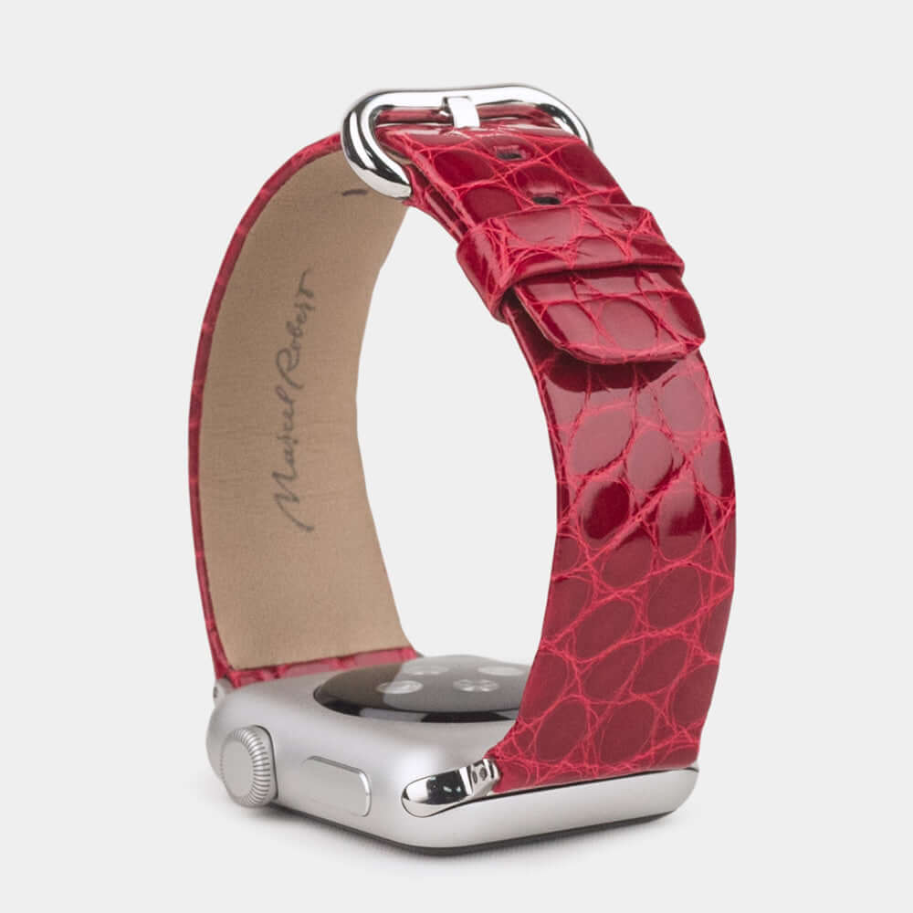 Correa para el Apple Watch 45/46 mm de piel de aligátor brillante en rojo, con adaptadores y hebilla de acero | vista de perfil completa para ver el grosor de la correa