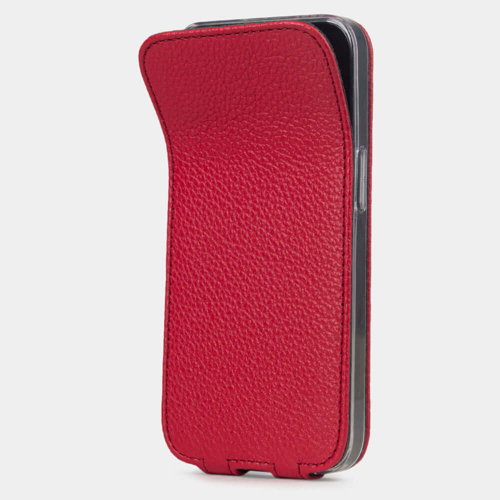 Red Calfskin Case iPhone 16 e – phone flip case with textured natural scale pattern, flexible front cover folding back to protect the smartphone screen