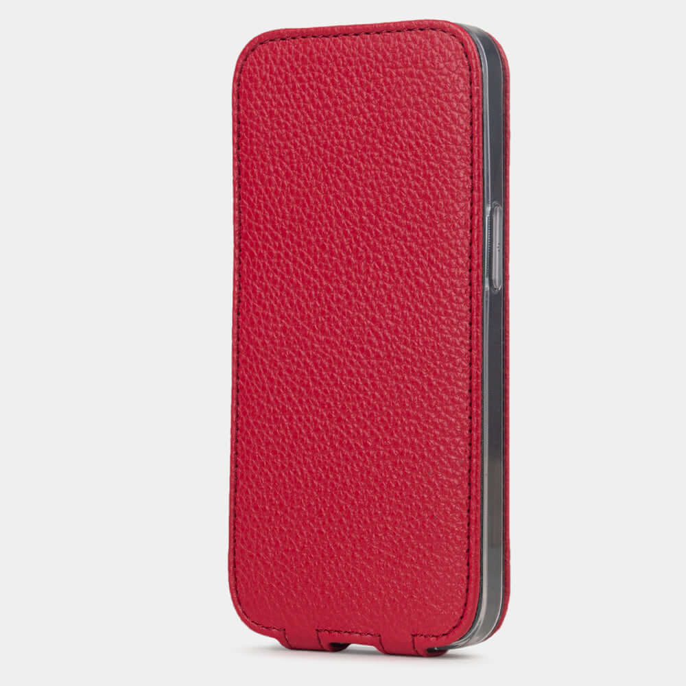 Red Calfskin Case iPhone 16 e – upright closed view highlighting the magnetic front cover fully protecting the screen, elegant silhouette