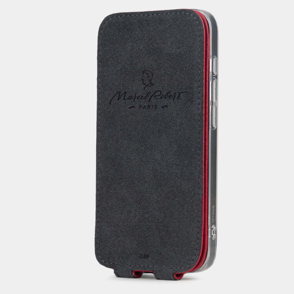 Red Calfskin Case iPhone 16 e - interior view showing grey Alcantara lining with magnetic closure, designed to clean and protect the screen
