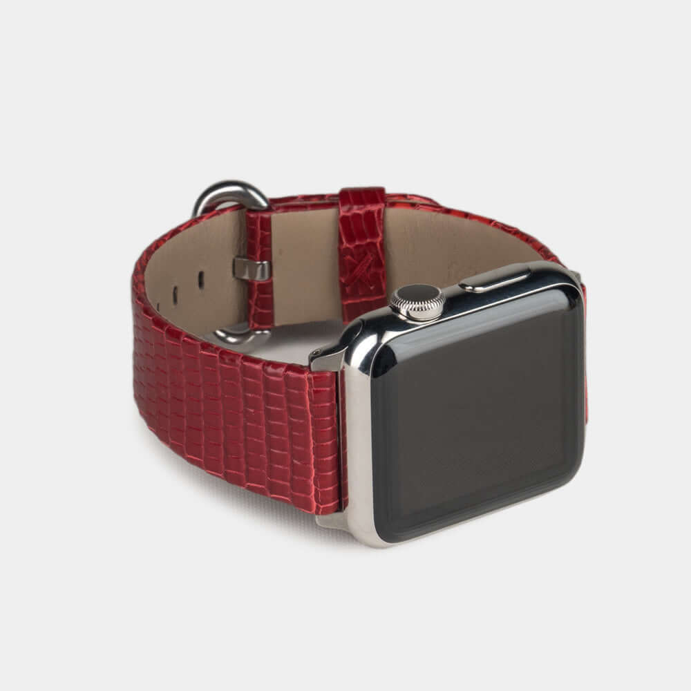 red lizard strap Apple Watch with steel adapters and buckle frontal view
