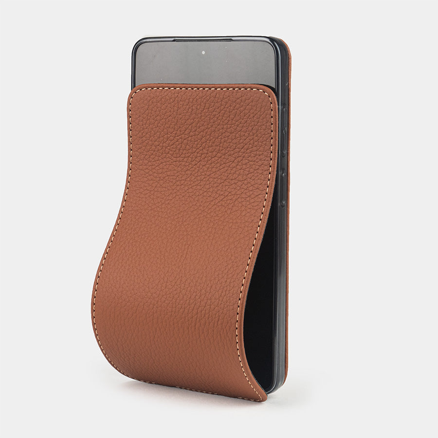gold calfskin flip case Samsung Galaxy S26 Ultra – luxury handmade phone case in genuine leather with magnetic front cover partially open
