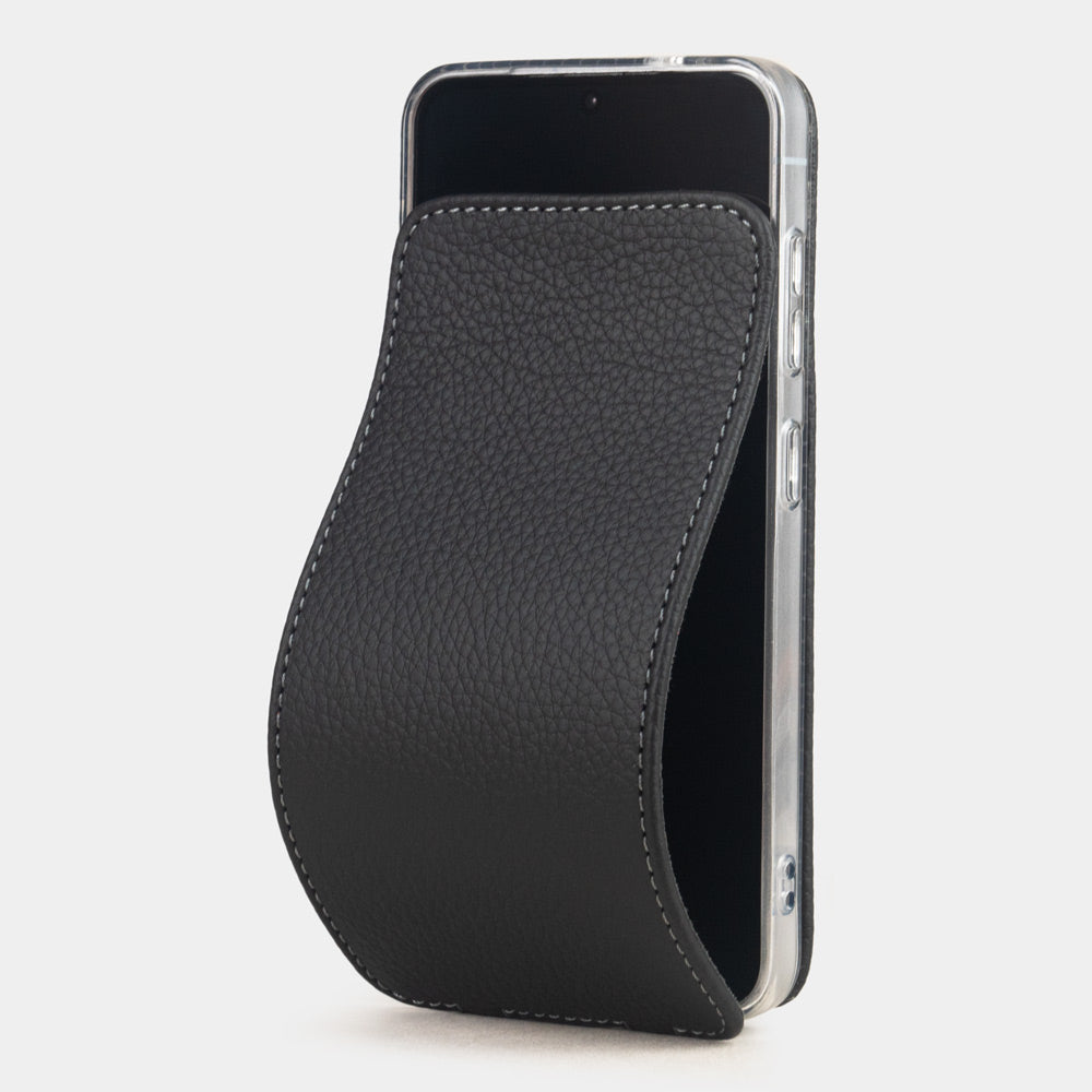black calfskin flip case Samsung Galaxy S26 & S26 Plus – luxury handmade phone case in genuine leather with magnetic front cover partially open
