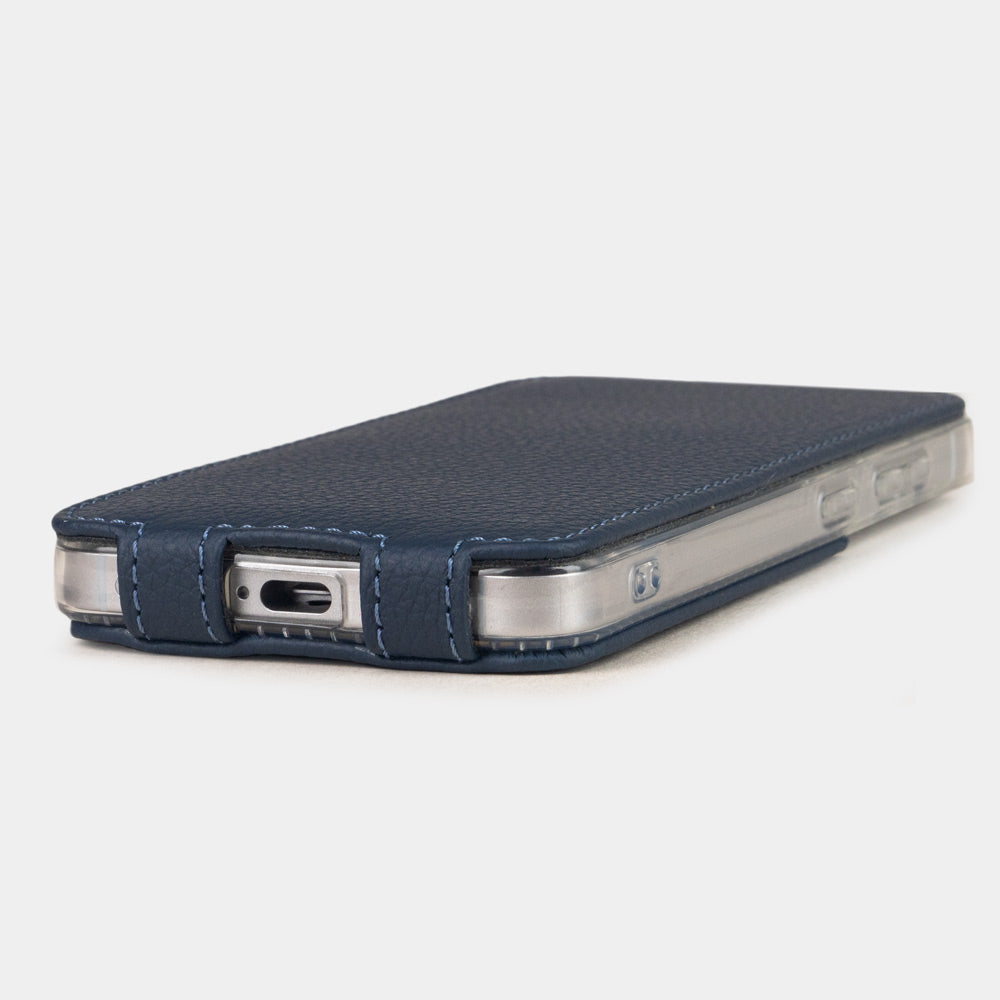 blue calfskin flip case Samsung Galaxy S26 & S26 Plus - flat side view displaying ultra-thin handcrafted design, USB-C port opening and precise edge finishing