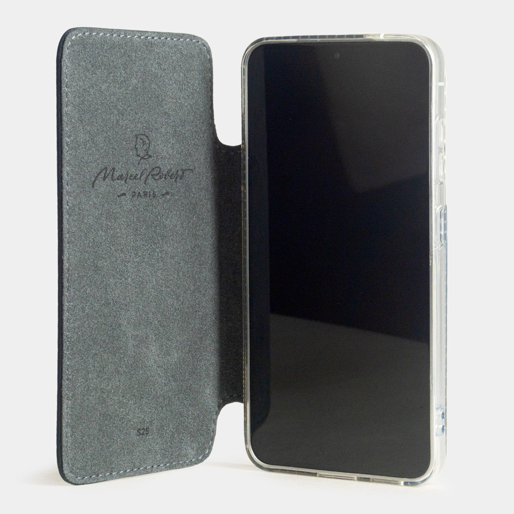 blue calfskin Wallet Case Samsung Galaxy S26 & S26 Plus - case withs grey Alcantara lining shown open on smartphone