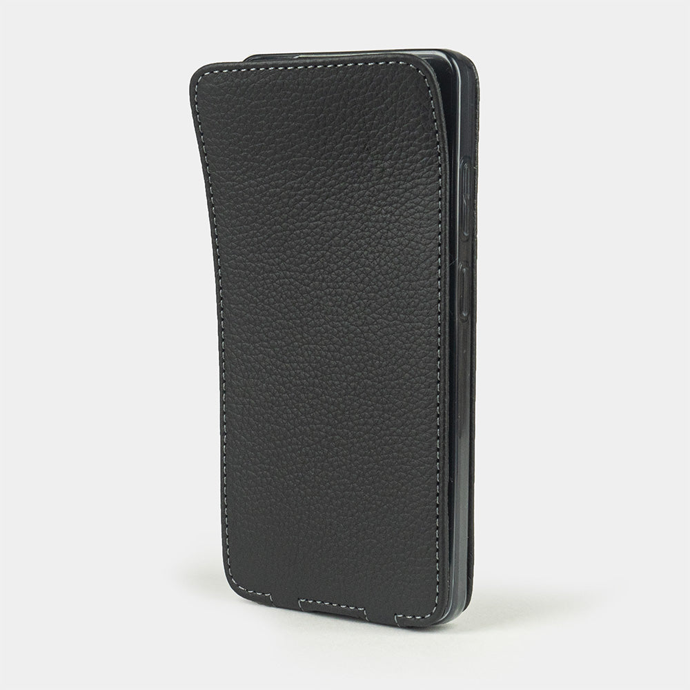 Samsung S26 Ultra black leather flip case with Marcel Robert's signature soft-fold flexible flap
