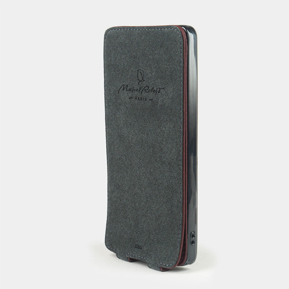 Samsung S26 Ultra bordeaux leather flip case Alcantara-lined magnetic flap that folds back during calls