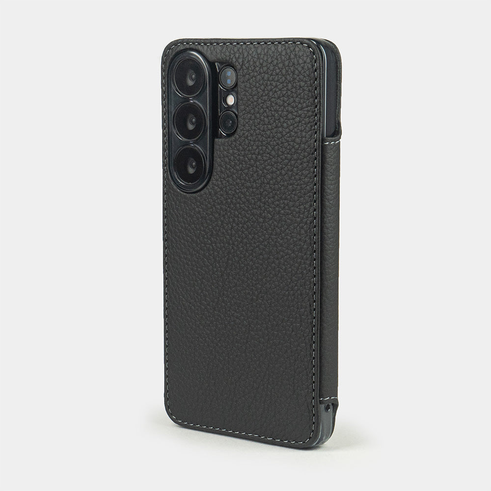 black calfskin Wallet Case Samsung Galaxy S26 Ultra - view from camera side and how the lenses are efficiently protected