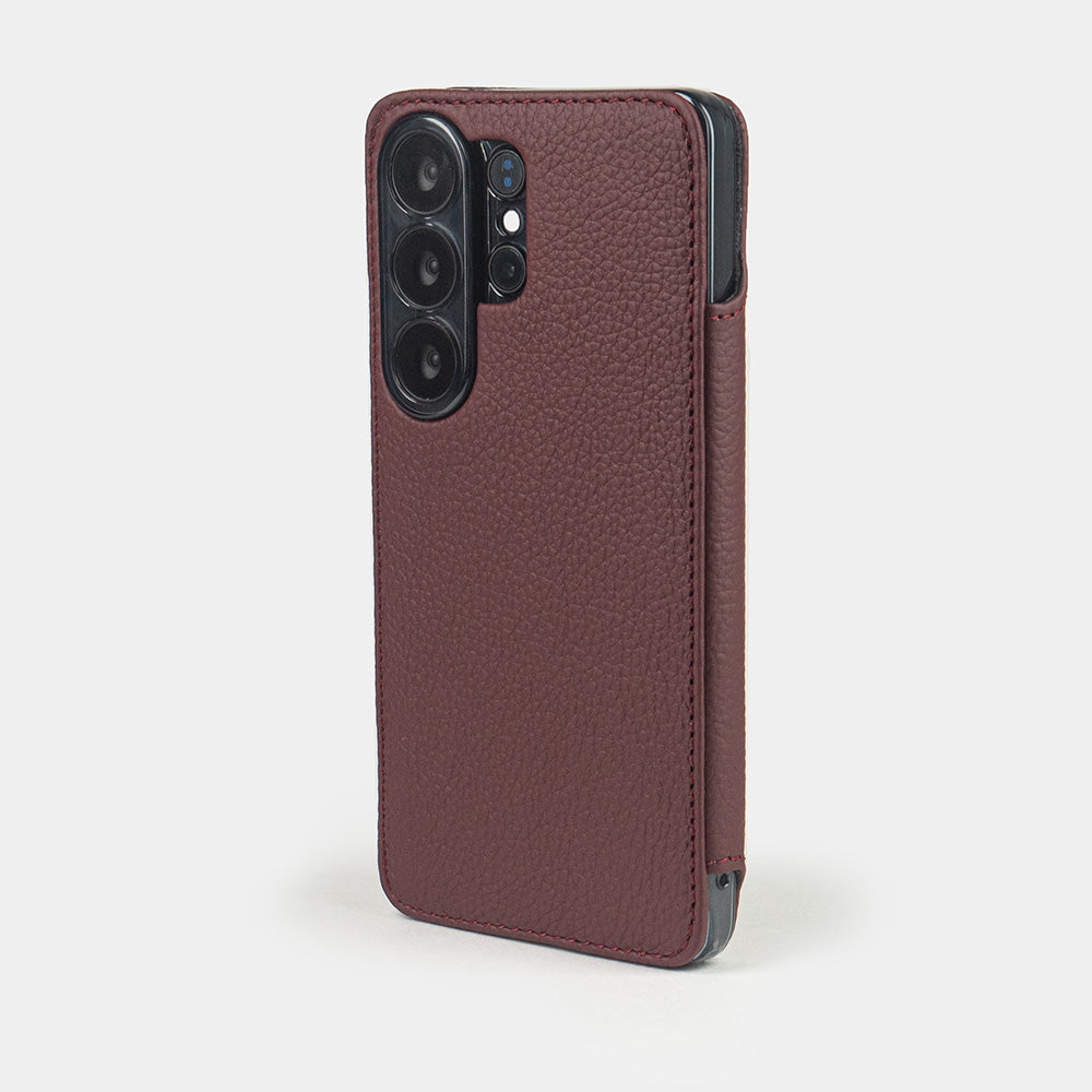 bordeaux calfskin Wallet Case Samsung Galaxy S26 Ultra - view from camera side and how the lenses are efficiently protected
