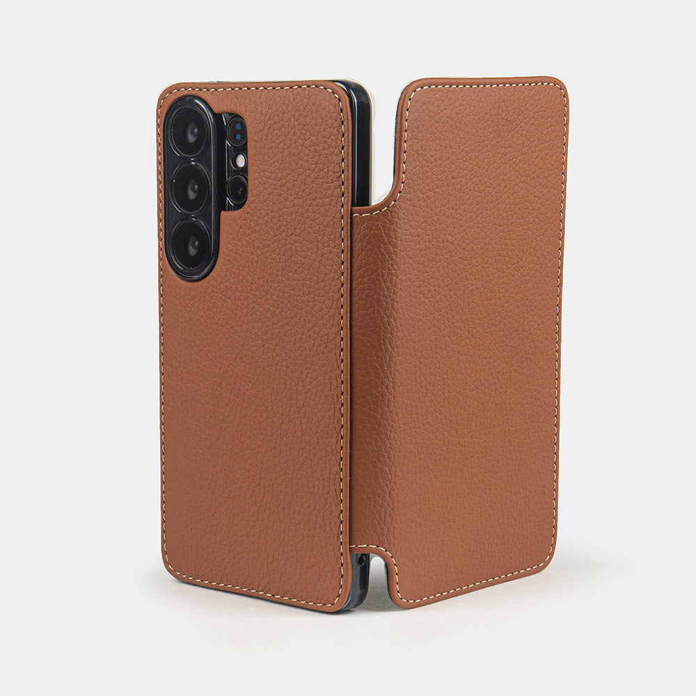 gold calfskin Wallet Case Samsung Galaxy S26 Ultra - case shown open on smartphone