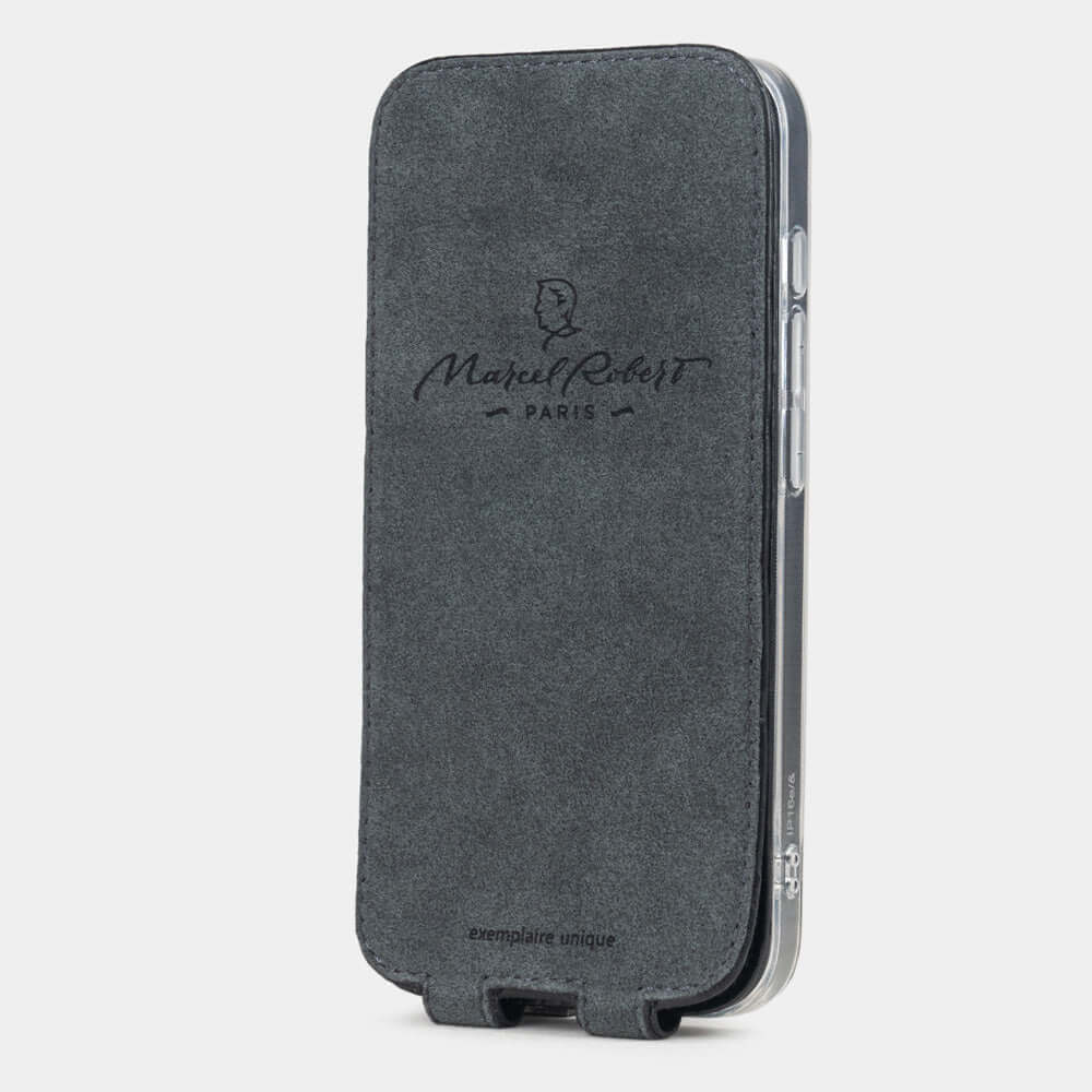 Black Alligator Case iPhone 16 e - interior view showing grey Alcantara lining with magnetic closure, designed to clean and protect the screen