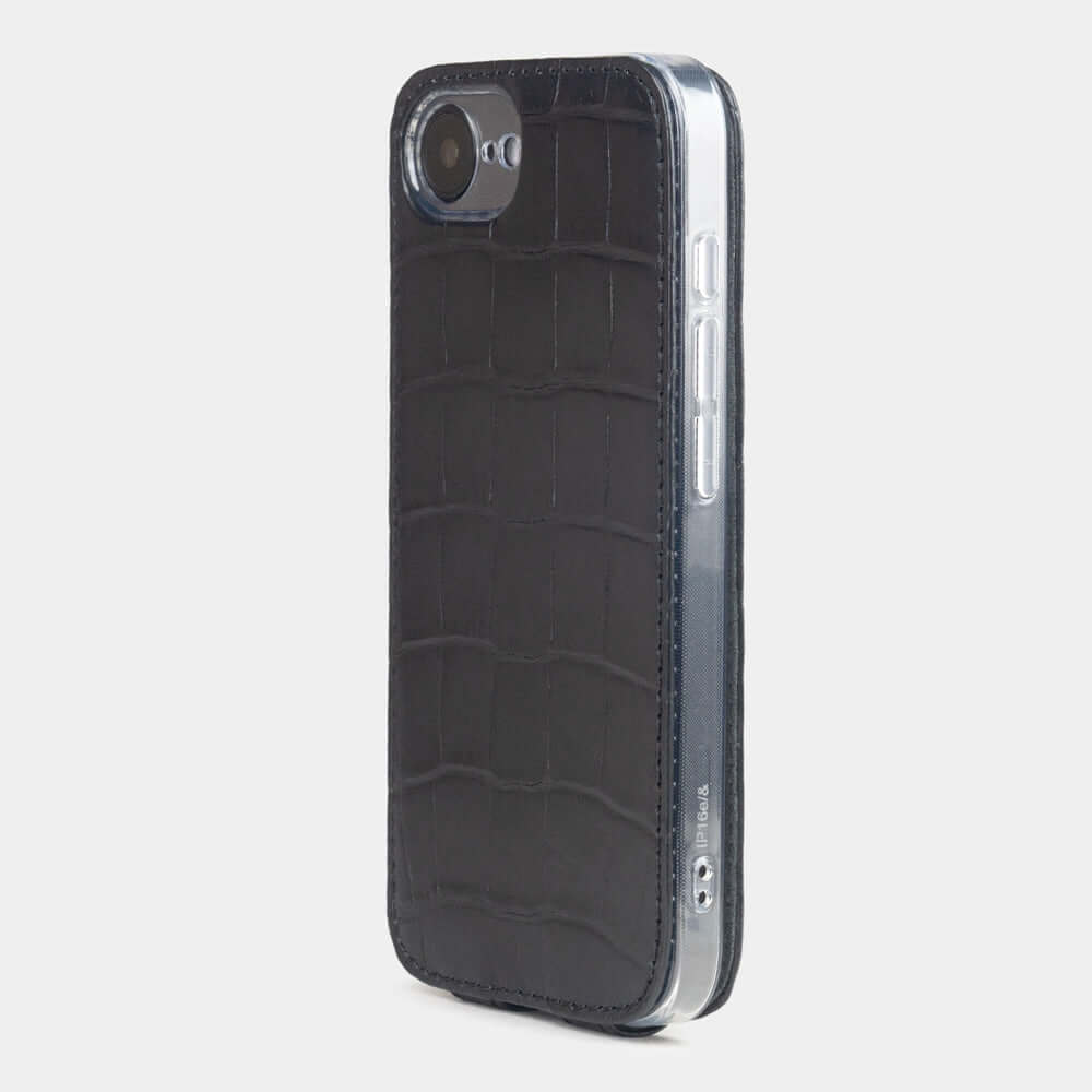 Black Alligator Case iPhone 16 e - view from camera side and how the lenses are efficiently protected