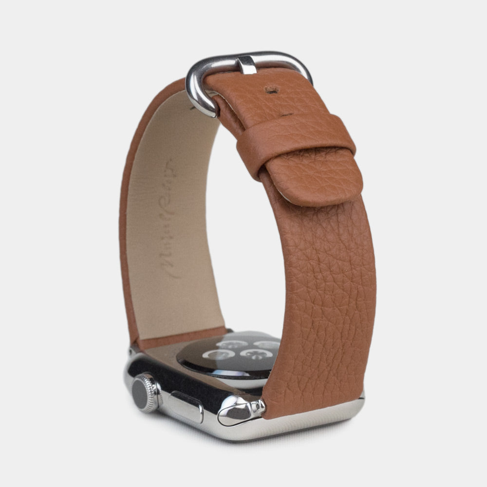 Armband für die Apple Watch 41/42 mm aus weichem genarbtem Kalbsleder in Gold, mit Adaptern und Schnalle aus Edelstahl | vollständige Seitenansicht zur Ansicht der Armbandstärke