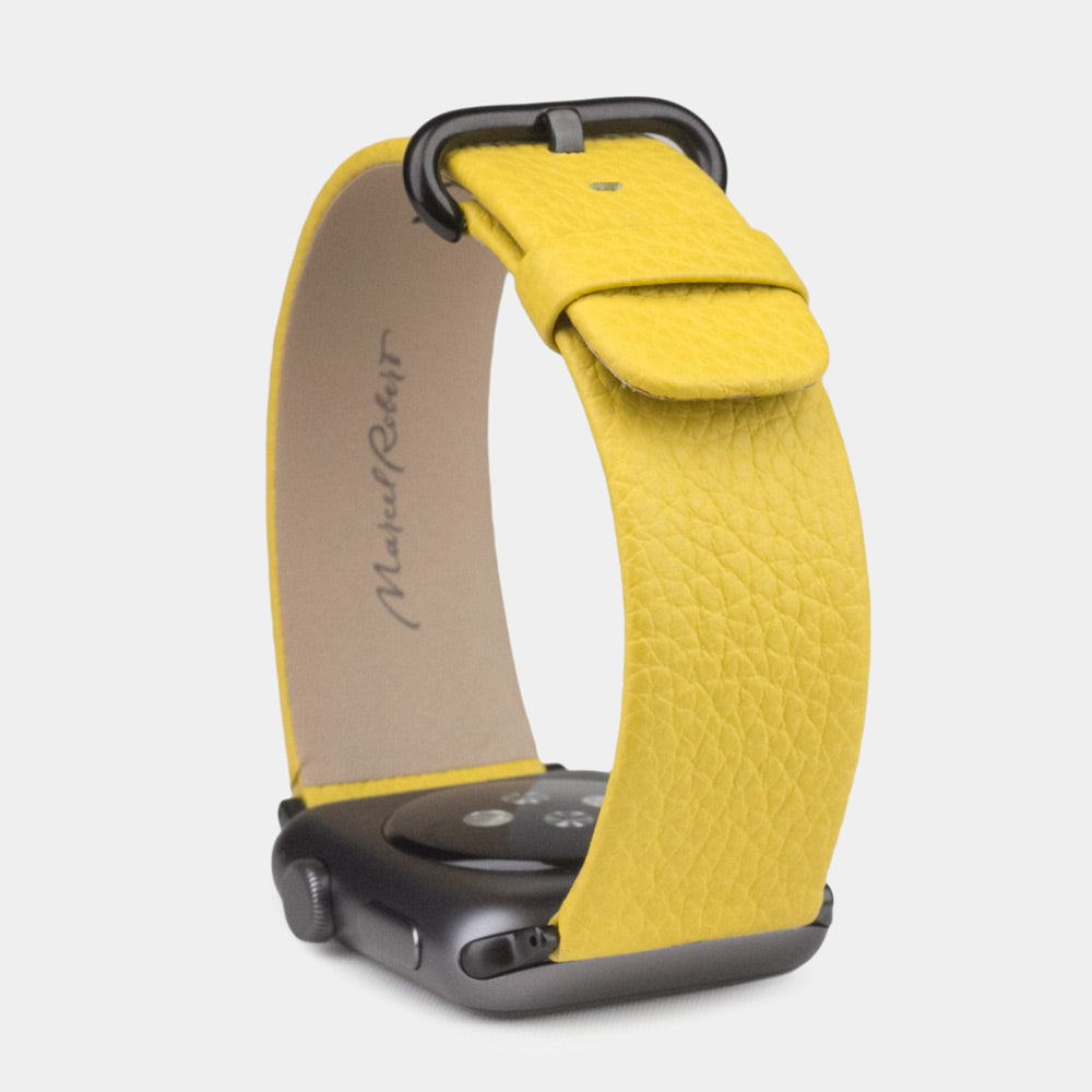 Armband für die Apple Watch 41/42 mm aus weichem genarbtem Kalbsleder in Gelb, mit schwarzen Adaptern und Schnalle | vollständige Seitenansicht zur Ansicht der Armbandstärke