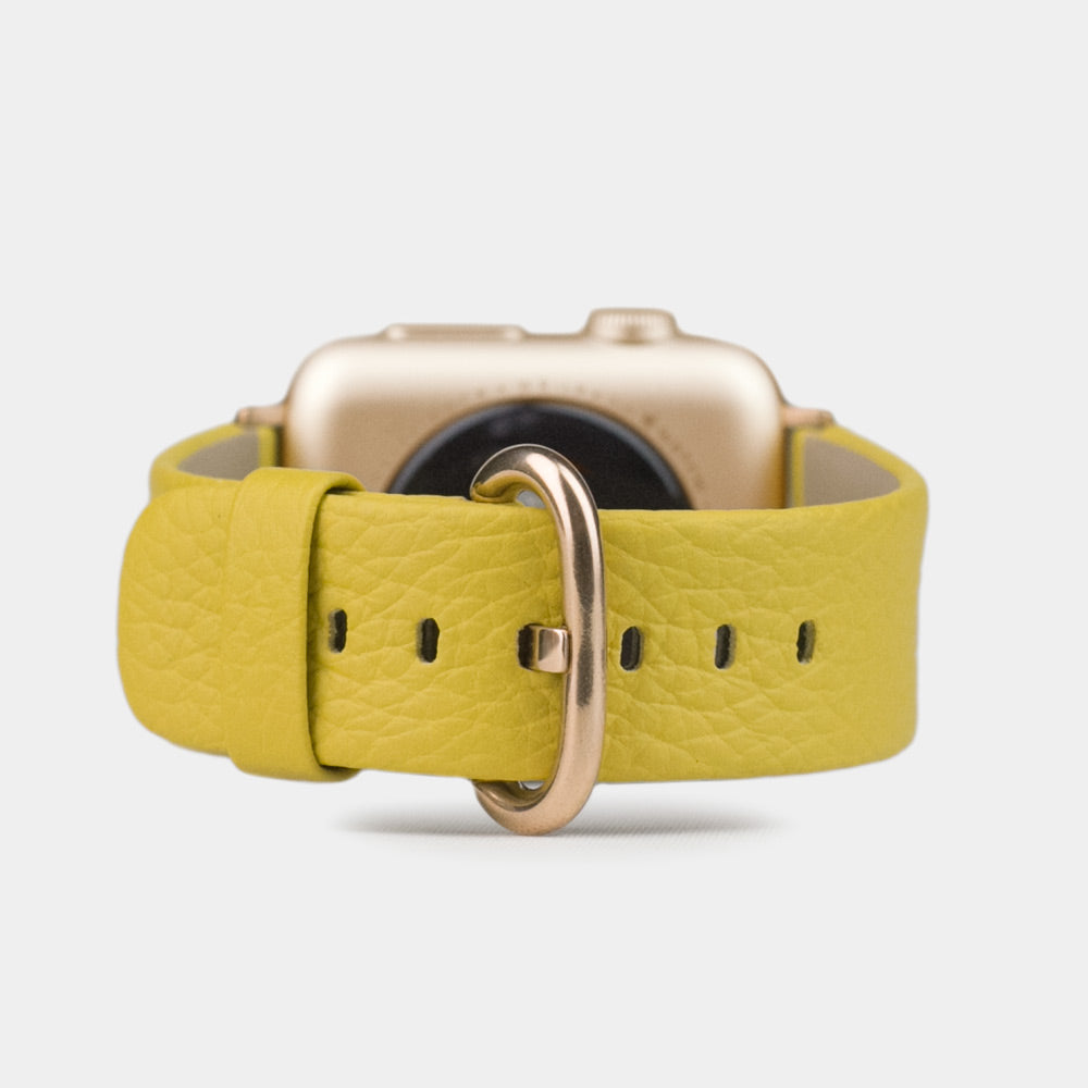 Armband für die Apple Watch 41/42 mm aus weichem genarbtem Kalbsleder in Gelb, mit Adaptern und Schnalle aus Roségold | Hauptansicht