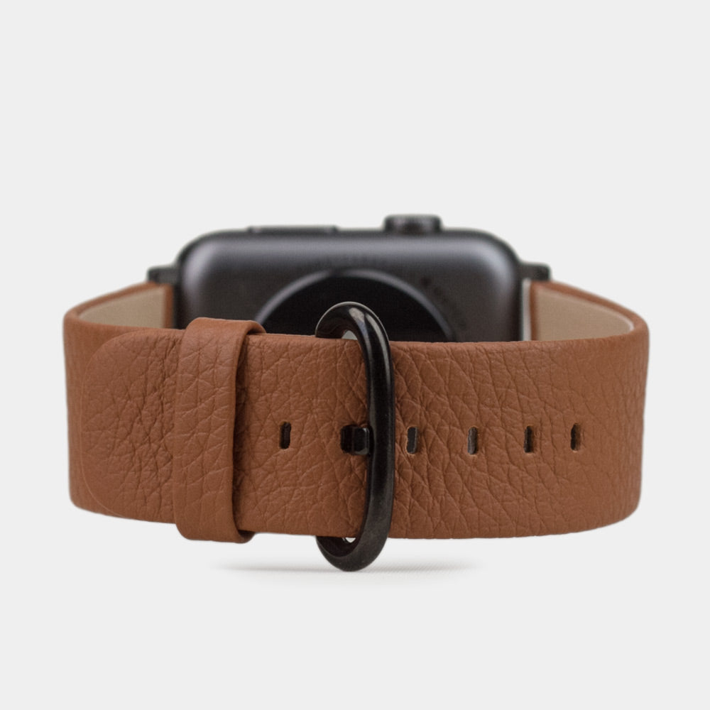 Armband für die Apple Watch 41/42 mm aus weichem genarbtem Kalbsleder in Gold, mit schwarzen Adaptern und Schnalle | vollständige Seitenansicht zur Ansicht der Armbandstärke
