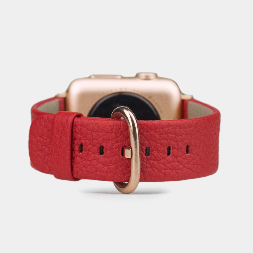 Armband für die Apple Watch 41/42 mm aus weichem genarbtem Kalbsleder in Rot, mit Adaptern und Schnalle aus Roségold | Hauptansicht