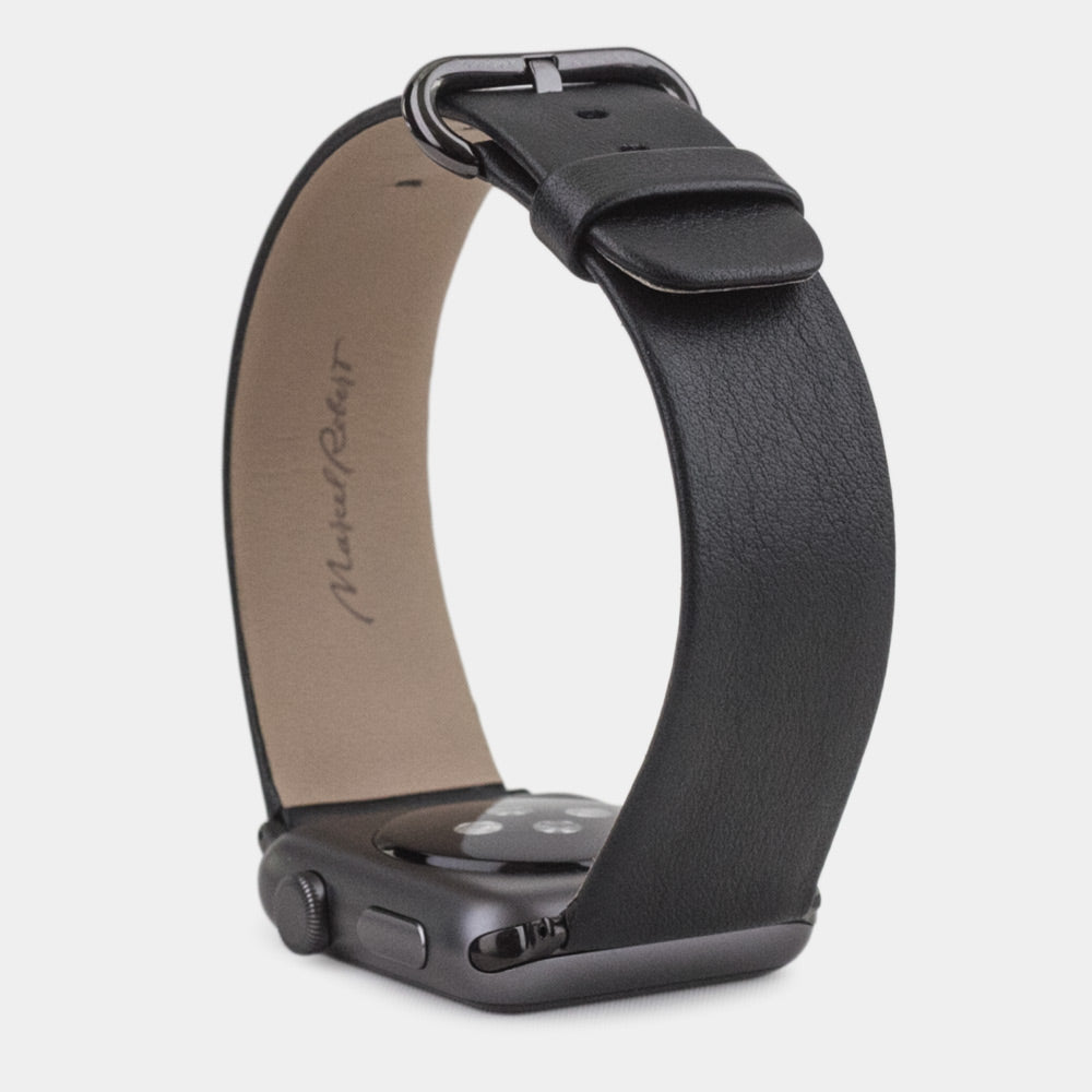 Cinturino per Apple Watch 45/46 mm in pelle di vitello liscia color nero, con adattatori e fibbia neri | cassa in basso per vedere la trama della pelle, la fodera interna e la fibbia