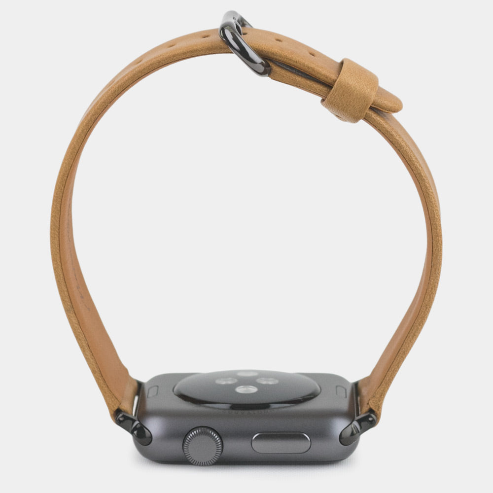 Cinturino per Apple Watch 45/46 mm in pelle di vitello liscia color vintage, con adattatori e fibbia neri | vista di profilo completa per vedere lo spessore del cinturino