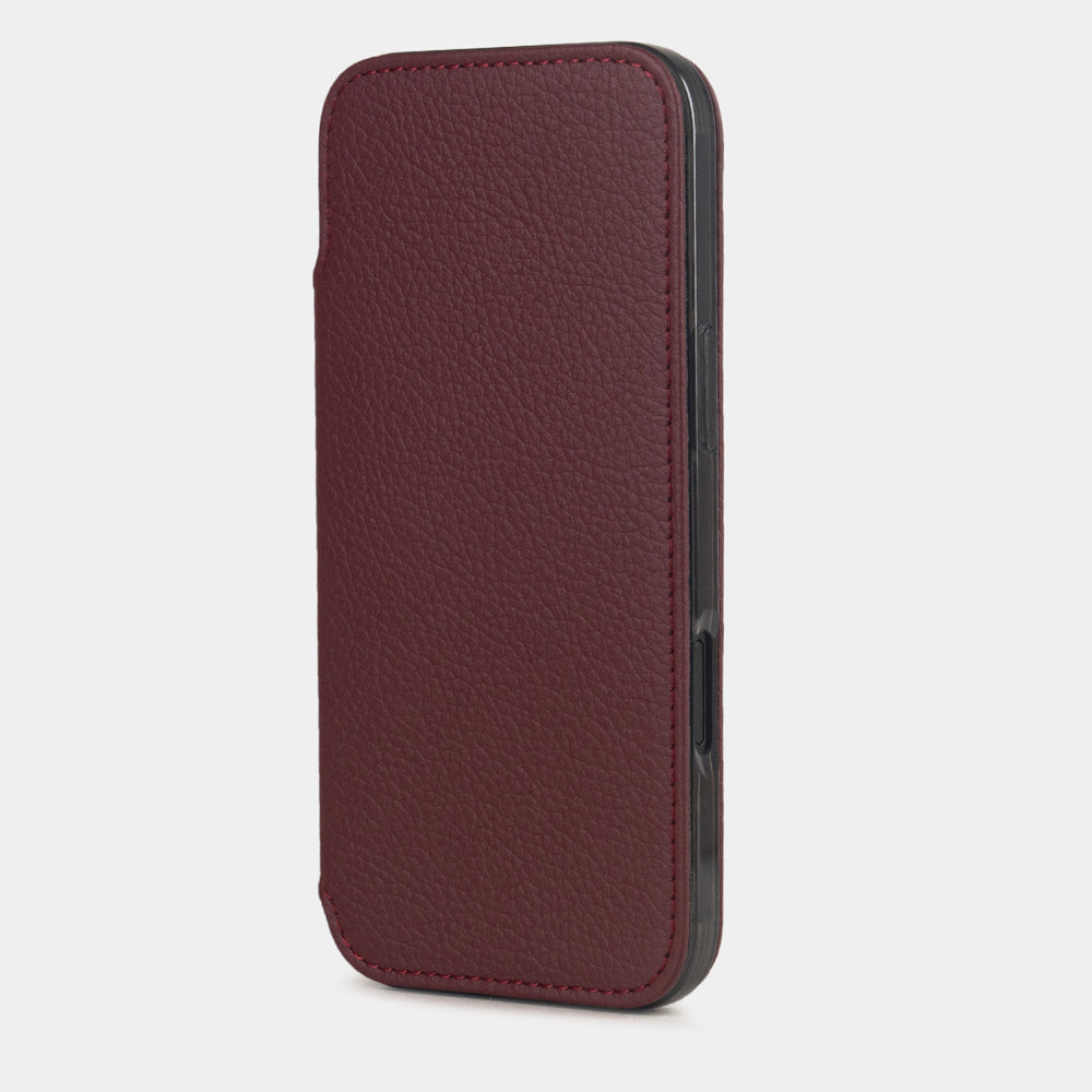 iPhone 17e & 16e calfskin folio wallet case bordeaux – upright closed view highlighting the magnetic front flap fully protecting the screen, elegant silhouette