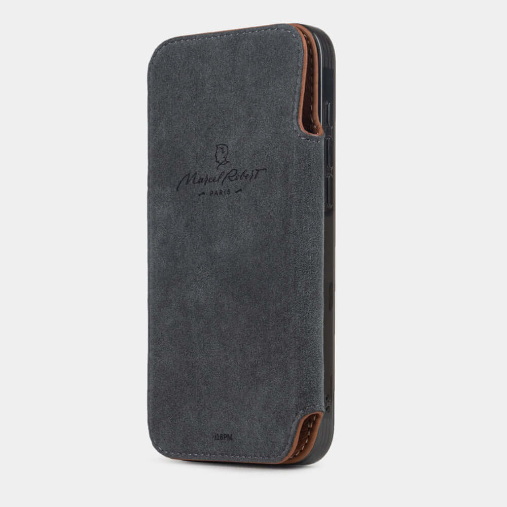 gold Calfskin Wallet Case iPhone 17 Air - case with grey Alcantara lining shown open on smartphone