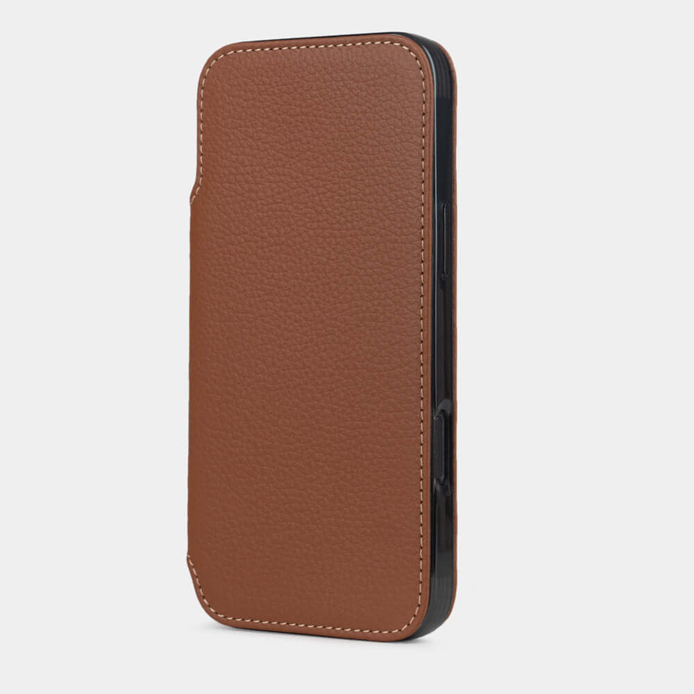 gold Calfskin Wallet Case iPhone 17 Air – upright closed view highlighting the magnetic front cover fully protecting the screen, elegant silhouette