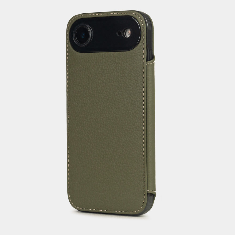 green Calfskin Wallet Case iPhone 17 Air - view from camera side and how the lenses are efficiently protected