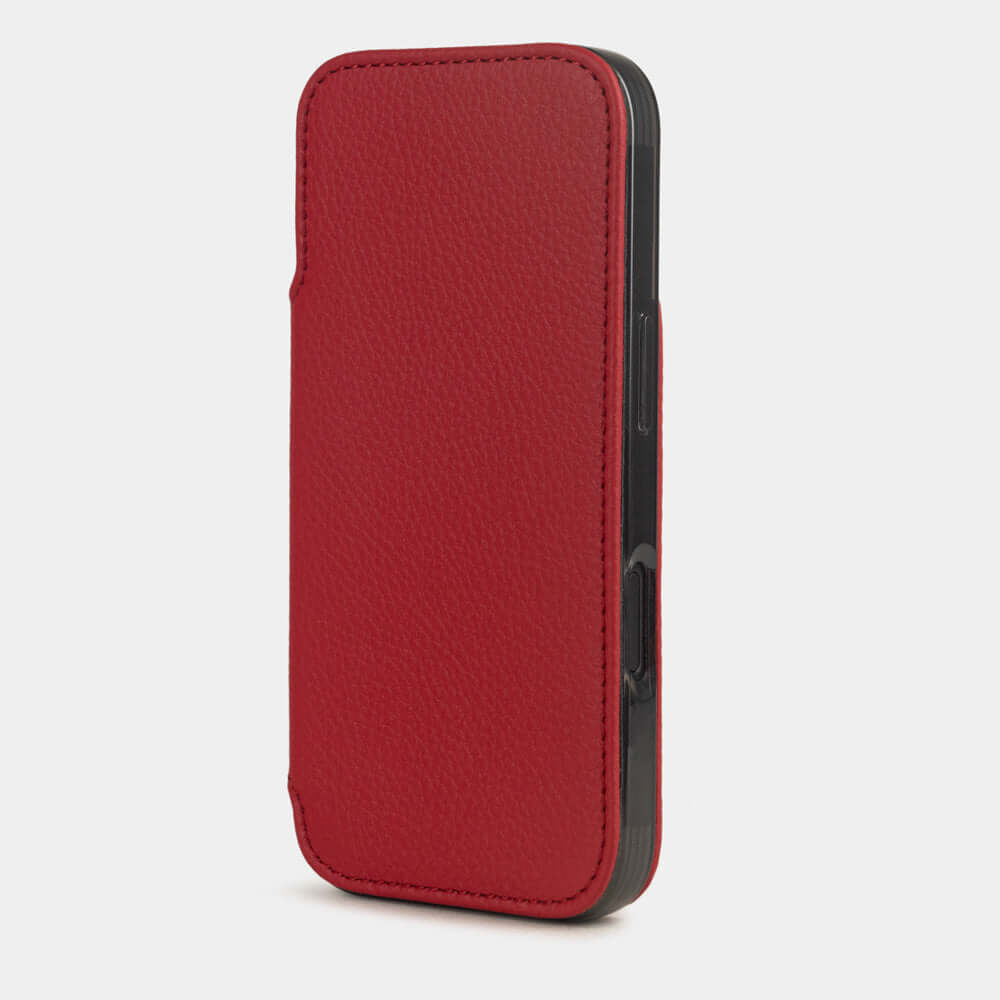 red Calfskin Wallet Case iPhone 17 Air – upright closed view highlighting the magnetic front cover fully protecting the screen, elegant silhouette