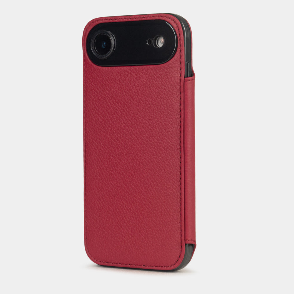 red Calfskin Wallet Case iPhone 17 Air - view from camera side and how the lenses are efficiently protected