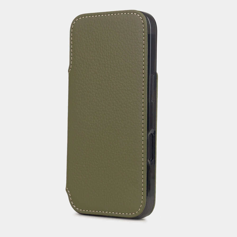 Green Calfskin Wallet Case iPhone 17 – luxury handmade phone case in genuine leather with magnetic front cover closed, main photo
