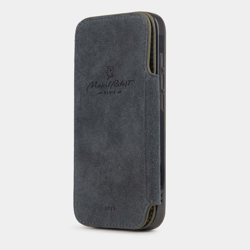 Green Calfskin Wallet Case iPhone 17 - interior view showing grey Alcantara lining with magnetic closure, designed to protect the screen