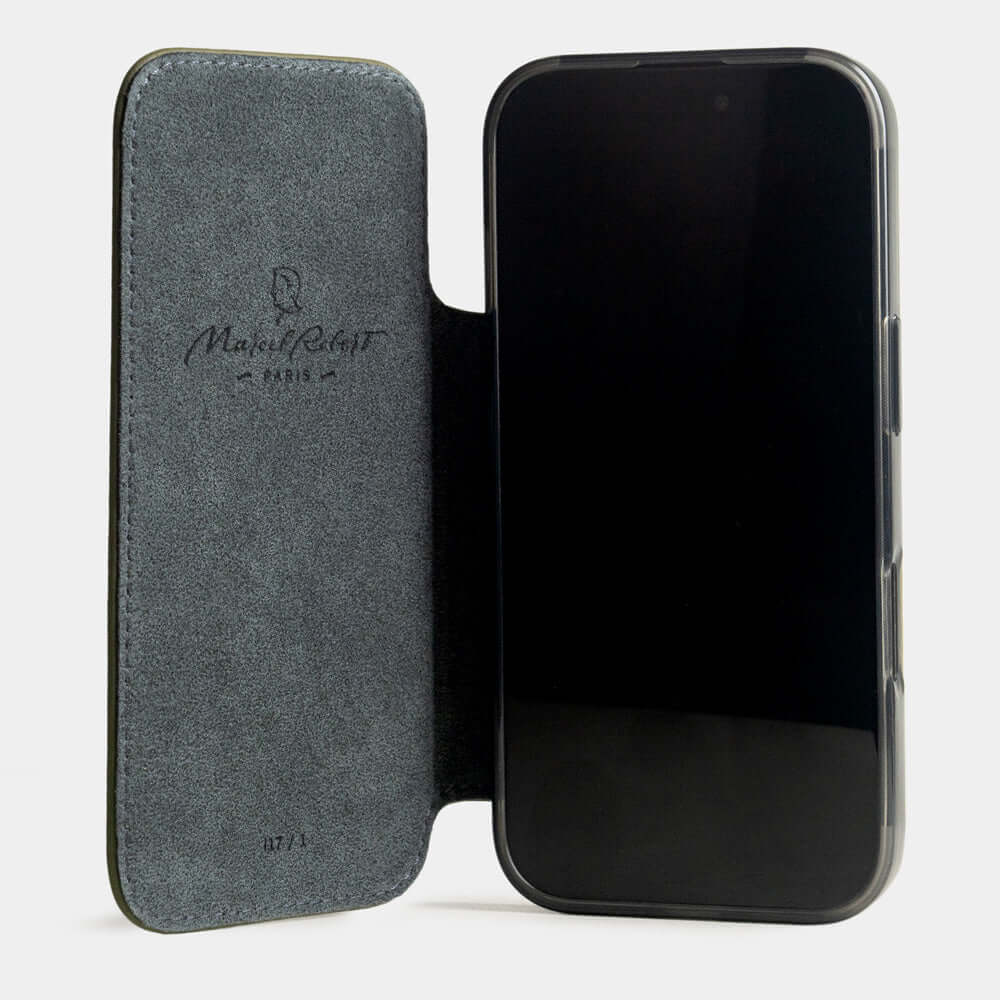 Green Calfskin Wallet Case iPhone 17 - case with grey Alcantara lining shown open on smartphone