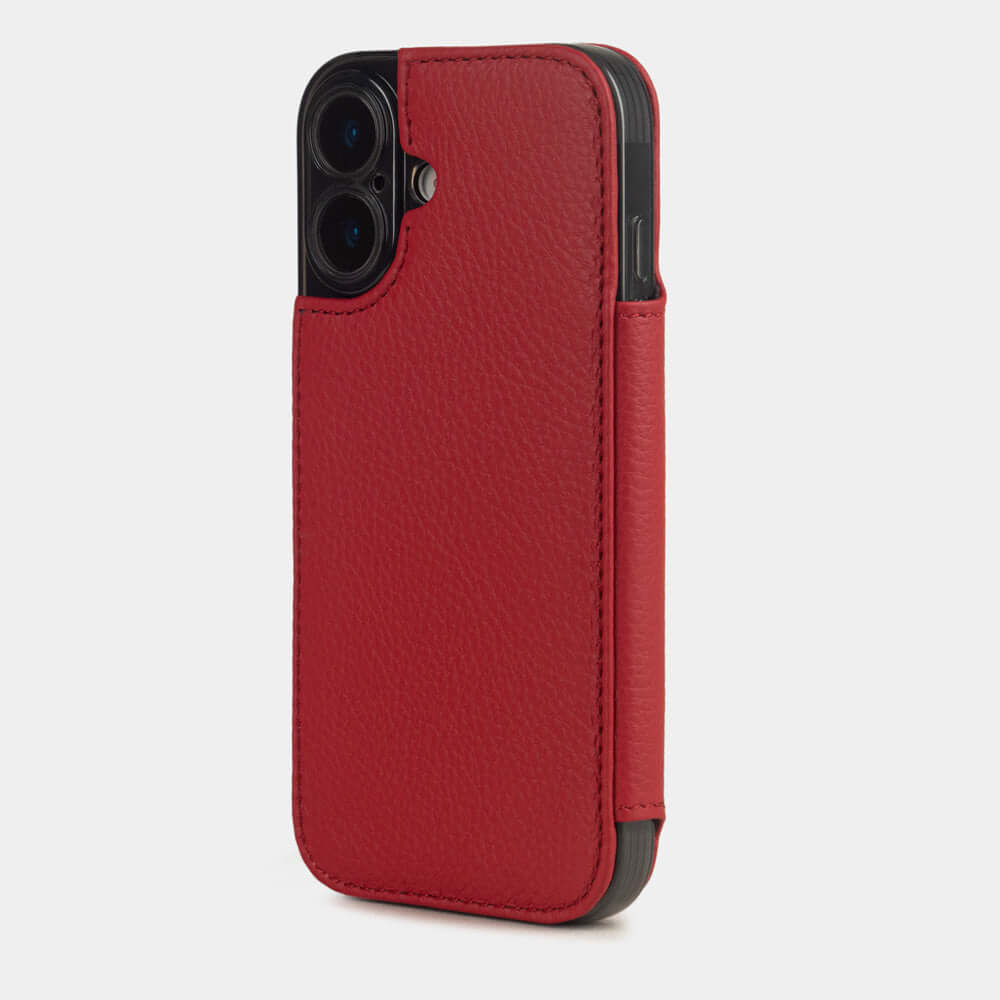 Red Calfskin Wallet Case iPhone 17 - view from camera side and how the lenses are efficiently protected