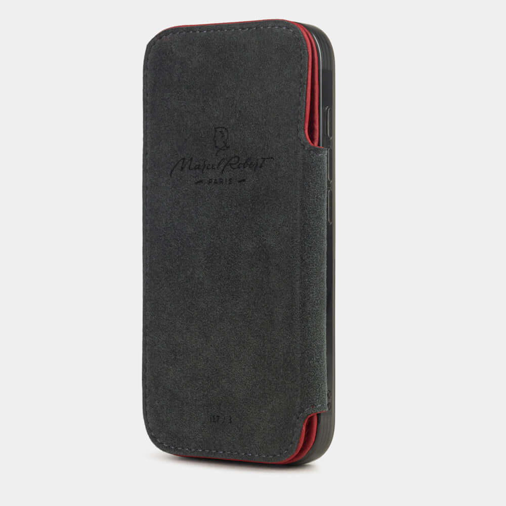 Red Calfskin Wallet Case iPhone 17 - interior view showing grey Alcantara lining with magnetic closure, designed to protect the screen