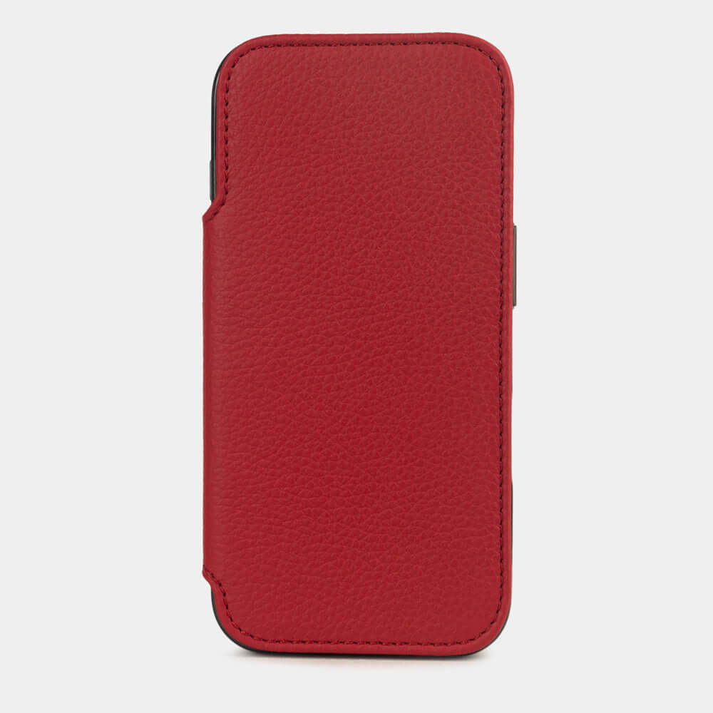 Red Calfskin Wallet Case iPhone 17 – upright closed view highlighting the magnetic front cover fully protecting the screen, elegant silhouette