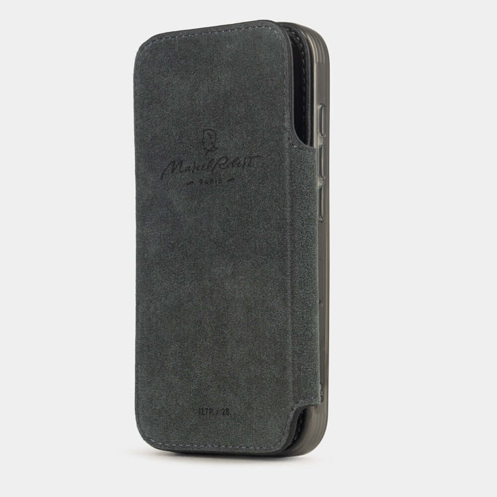 Black Calfskin Wallet Case iPhone 17 Pro Max - interior view showing grey Alcantara lining with magnetic closure, designed to protect the screen