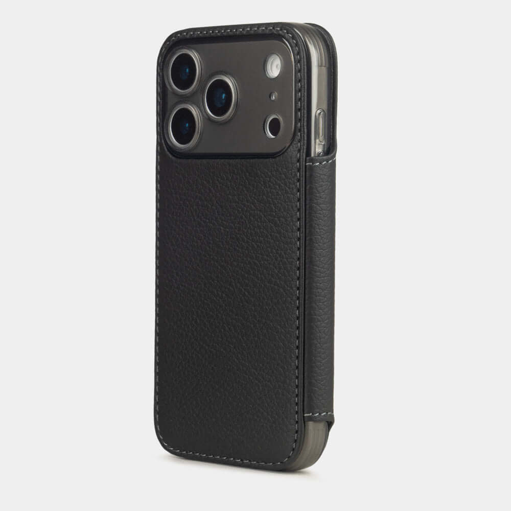 Black Calfskin Wallet Case iPhone 17 Pro Max silver - view from camera side and how the lenses are efficiently protected