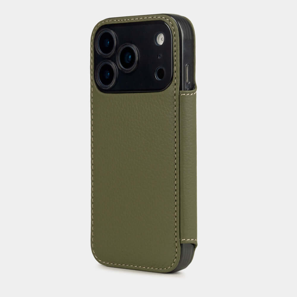 Green Calfskin Wallet Case iPhone 17 Pro Max blue - view from camera side and how the lenses are efficiently protected