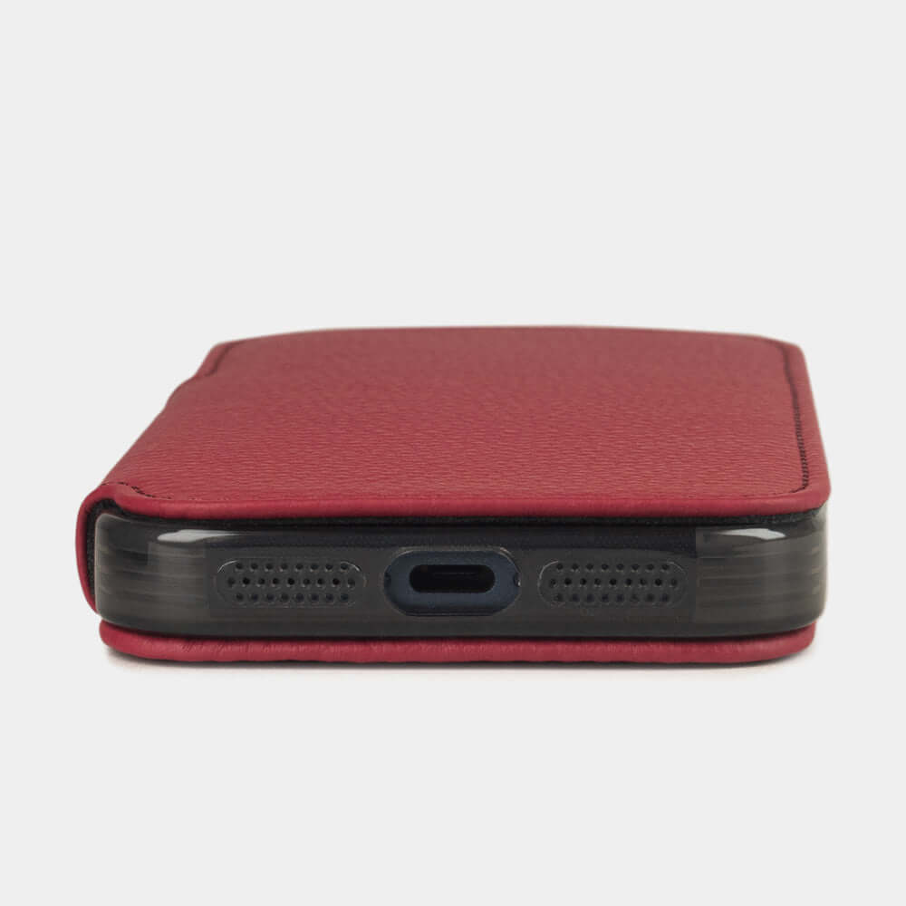 Red Calfskin Wallet Case iPhone 17 Pro Max - flat side view displaying ultra-thin handcrafted design, USB-C port opening and precise edge finishing