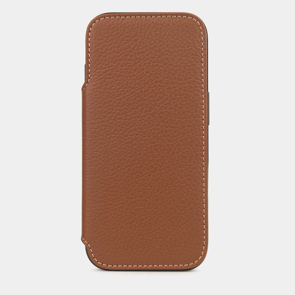 Gold Calfskin Wallet Case iPhone 17 Pro Max – upright closed view highlighting the magnetic front cover fully protecting the screen, elegant silhouette