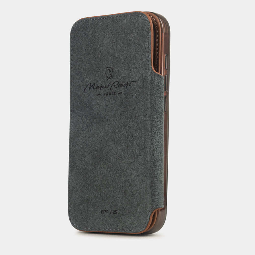 Gold Calfskin Wallet Case iPhone 17 Pro Max - interior view showing grey Alcantara lining with magnetic closure, designed to protect the screen