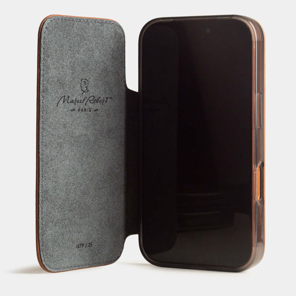 Gold Calfskin Wallet Case iPhone 17 Pro Max - case with grey Alcantara lining shown open on smartphone