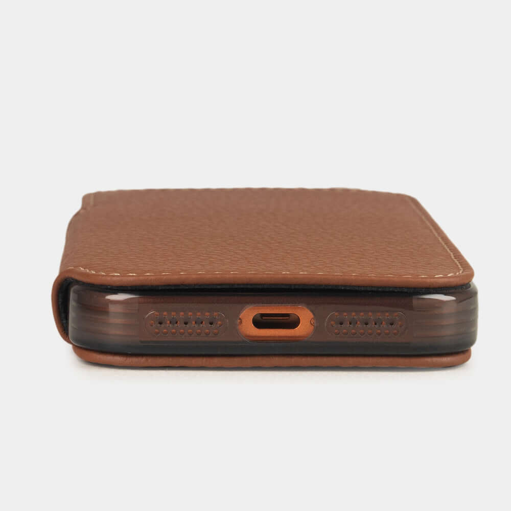 Gold Calfskin Wallet Case iPhone 17 Pro Max - flat side view displaying ultra-thin handcrafted design, USB-C port opening and precise edge finishing