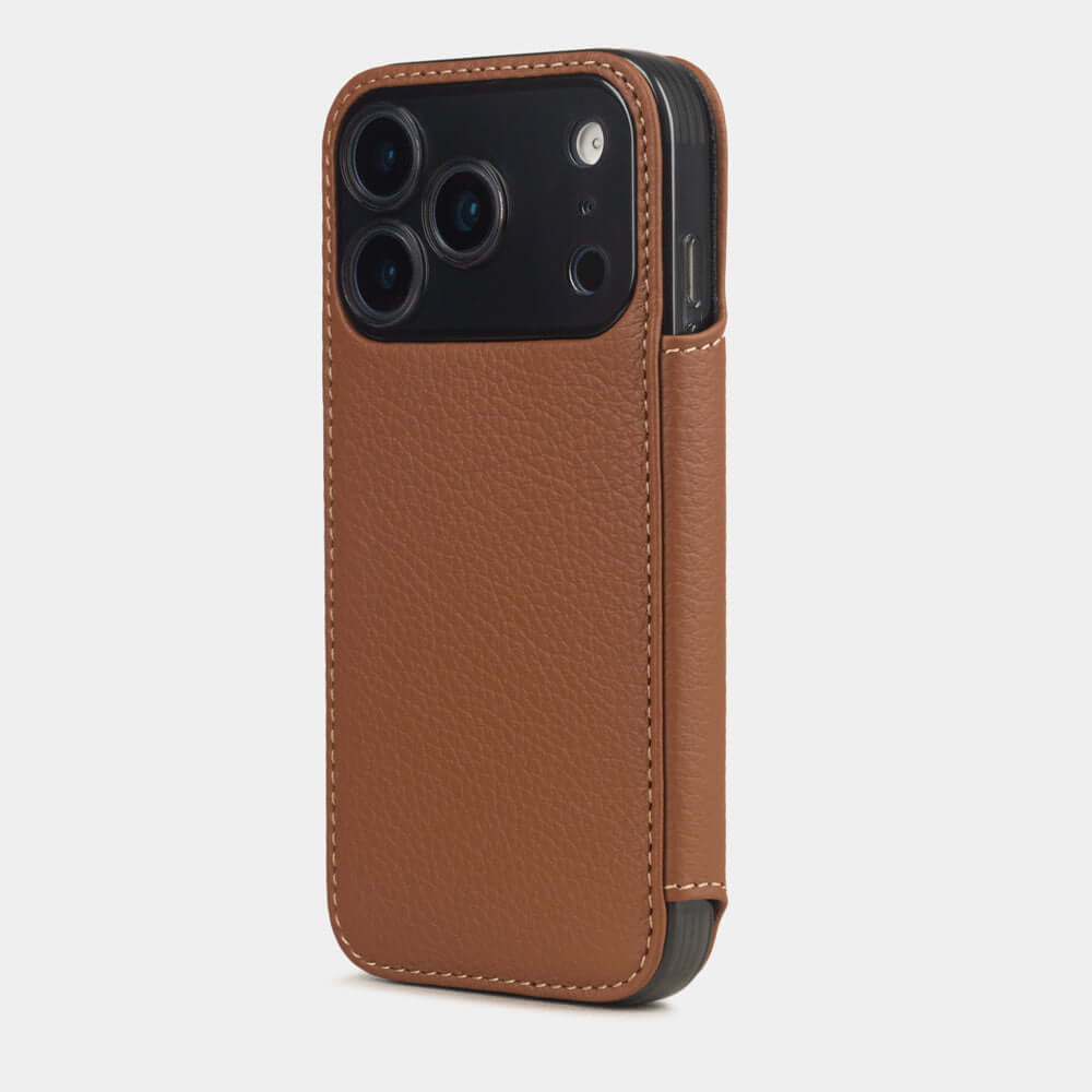 Gold Calfskin Wallet Case iPhone 17 Pro Max blue - view from camera side and how the lenses are efficiently protected