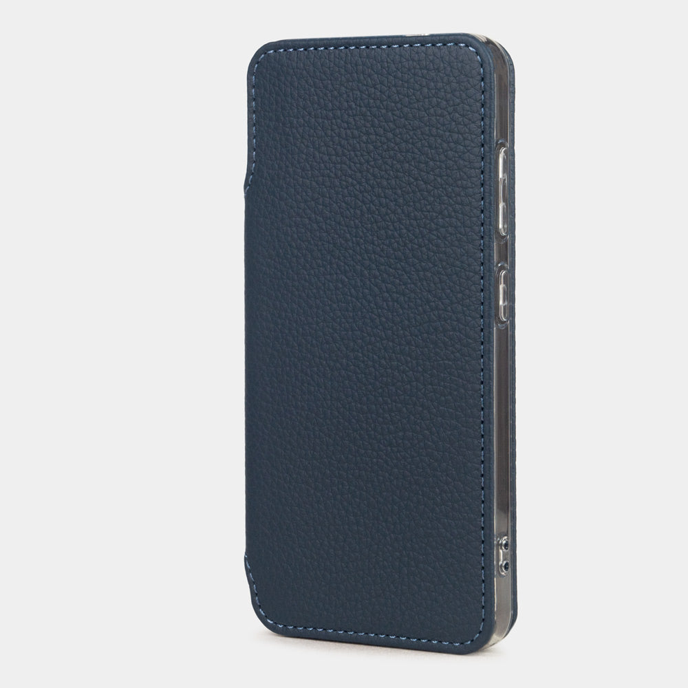 Samsung S24 Plus blaue Leder-Folio-Hülle, geschlossene 3/4-Ansicht
