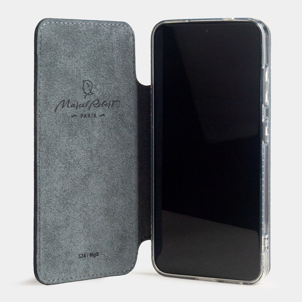 Funda cartera de piel de becerro Azul para Samsung Galaxy S24 – funda abierta plana, mostrando el forro interior protector de Alcantara®